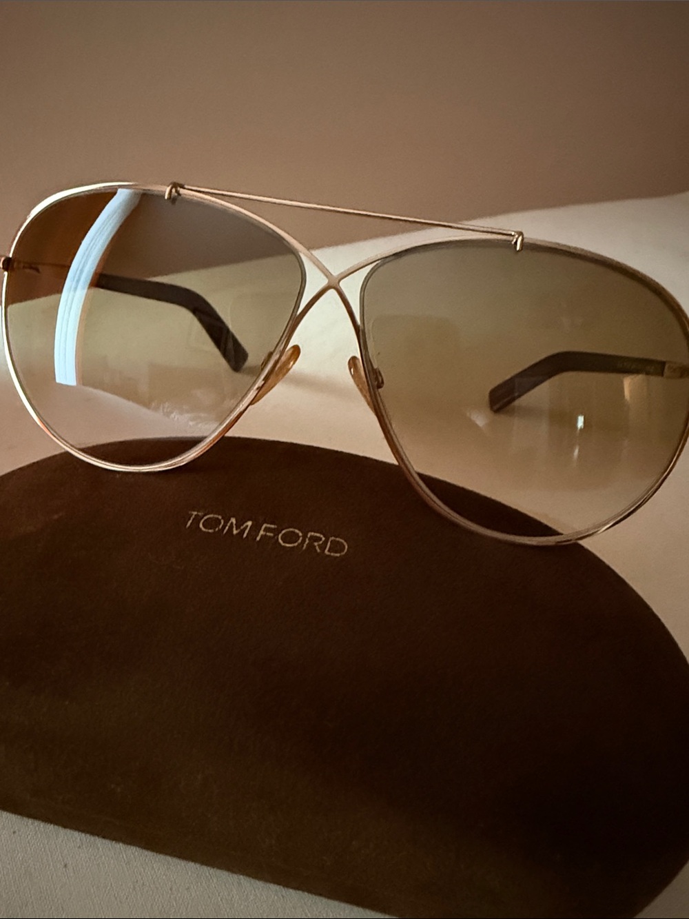 Tom Ford Rose Gold Aviator Sunglasses with Brown Gradient Lenses